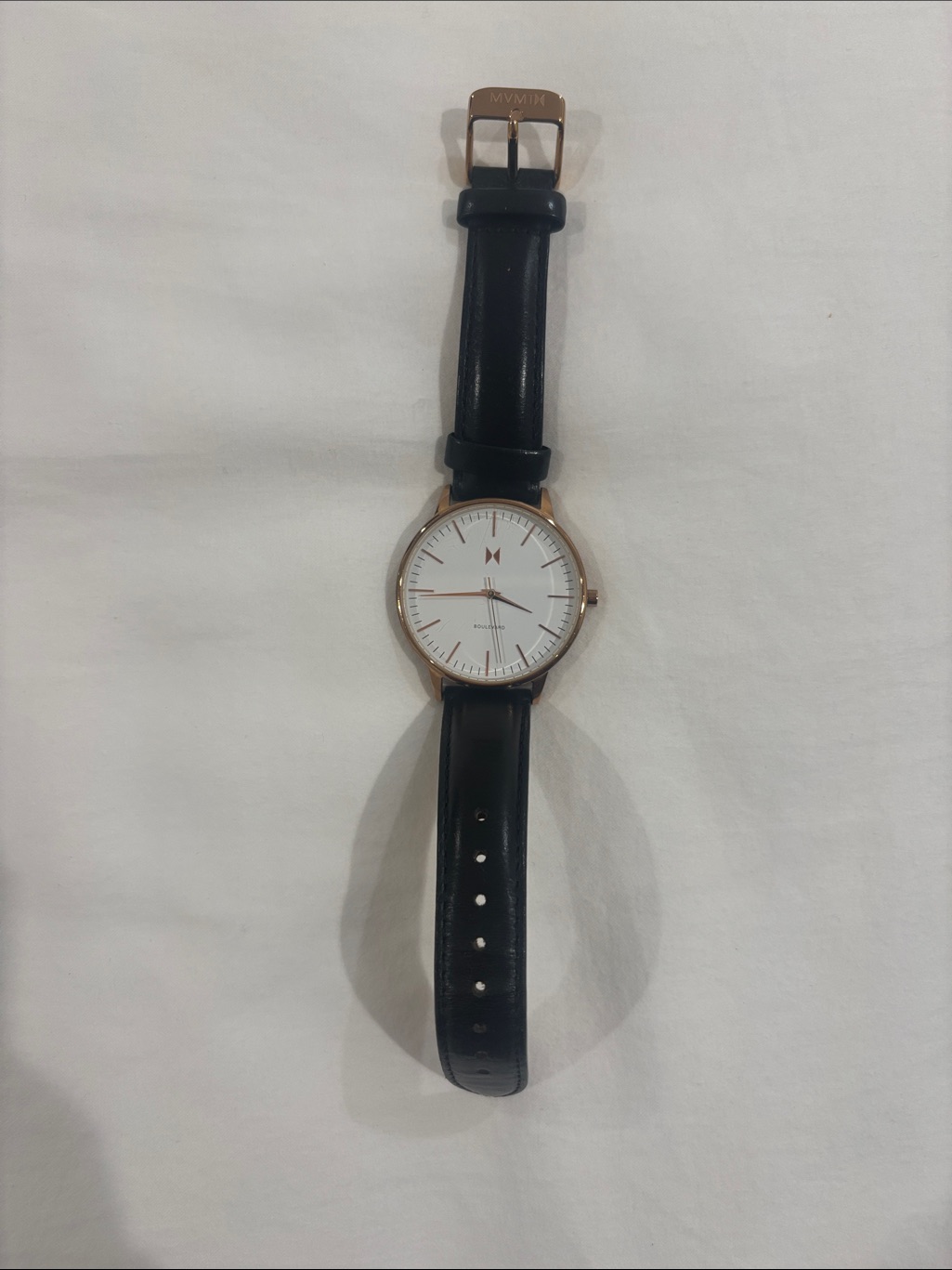 Mvmt Black Leather Watch With Rose Gold Case And White Dial
